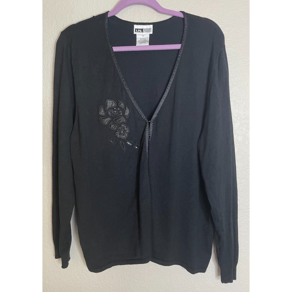 I.N. Studio Womens 2X Cardigan Sweater Black Floral Sequin Applique Classic Chic